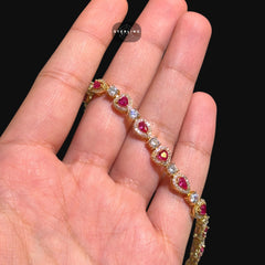 Pink Heart Tennis Bracelet, Gold Iced Out Diamond Bracelet, Pink Solitaire Heart Jewelry, Gift for Her