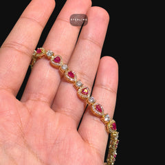 Pink Heart Tennis Bracelet, Gold Iced Out Diamond Bracelet, Pink Solitaire Heart Jewelry, Gift for Her