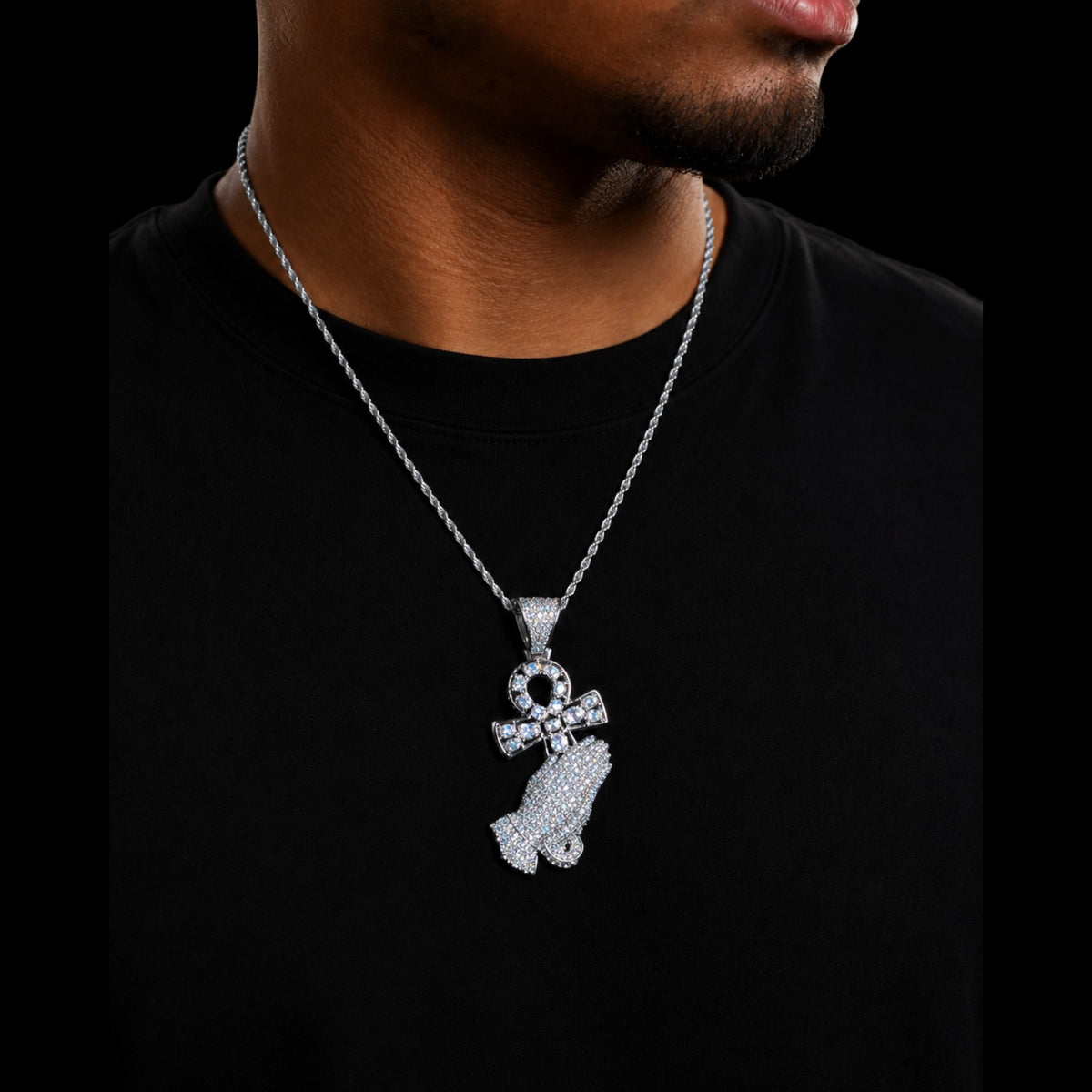Iced Out Praying Hands Ankh Pendant, 14K White Gold Plated CZ Diamond Religious Hip Hop Necklace with Rope Chain