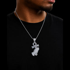 Iced Out Praying Hands Ankh Pendant, 14K White Gold Plated CZ Diamond Religious Hip Hop Necklace with Rope Chain