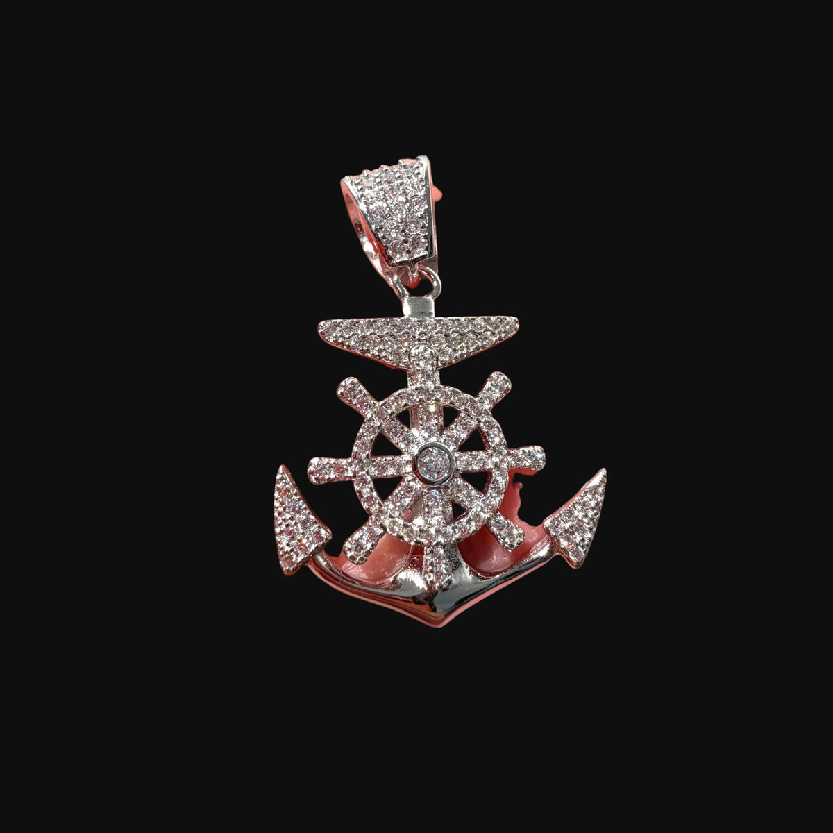 Iced Out Anchor Ship Wheel Pendant, Solid 925 Sterling Silver VVS CZ Diamond Nautical Necklace, 22 Inch Rope Chain