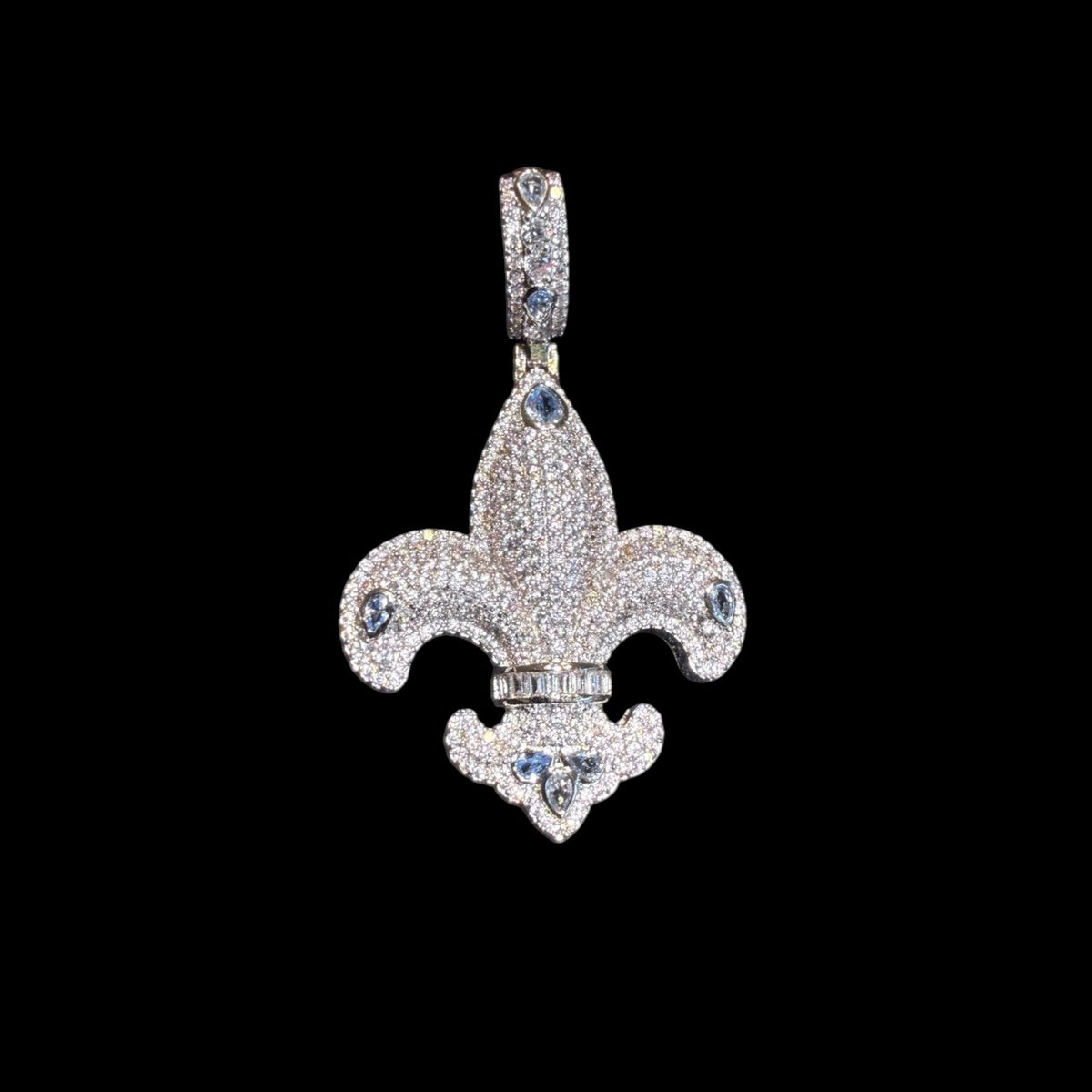 Fleur De Lis 14K White Gold Plated Iced Out Pendant