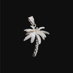14K White Gold Iced Out Palm Tree Pendant | CZ Diamond Hip Hop Tropical Necklace with Free Rope Chain