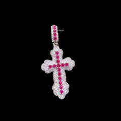 Pink Iced Out Cross Pendant | 14K White Gold Plated Pink CZ Christian Cross Necklace Hip Hop Pendant with Free Rope Chain