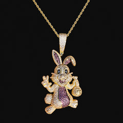 Iced Out Easter Bunny Pendant | Purple CZ Rabbit Hip Hop Necklace | Gold Tone Cartoon Animal Charm with Free Rope Chain
