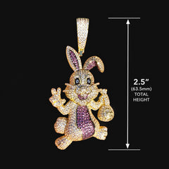Iced Out Easter Bunny Pendant | Purple CZ Rabbit Hip Hop Necklace | Gold Tone Cartoon Animal Charm with Free Rope Chain