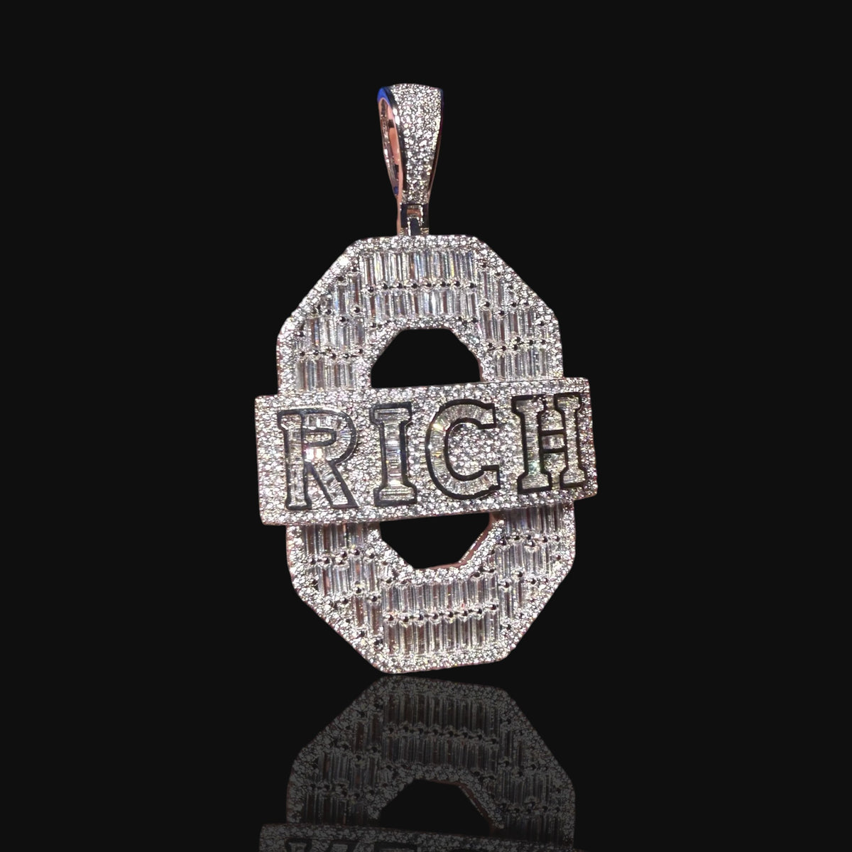 Iced Out RICH Letter Pendant | 14K White Gold Plated Baguette CZ Money Pendant Hip Hop Necklace with Free Rope Chain
