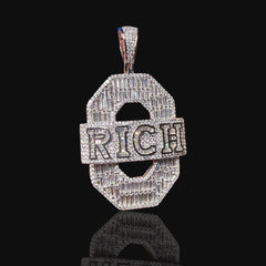 Iced Out RICH Letter Pendant | 14K White Gold Plated Baguette CZ Money Pendant Hip Hop Necklace with Free Rope Chain
