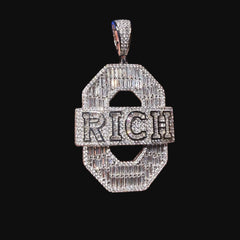 Iced Out RICH Letter Pendant | 14K White Gold Plated Baguette CZ Money Pendant Hip Hop Necklace with Free Rope Chain