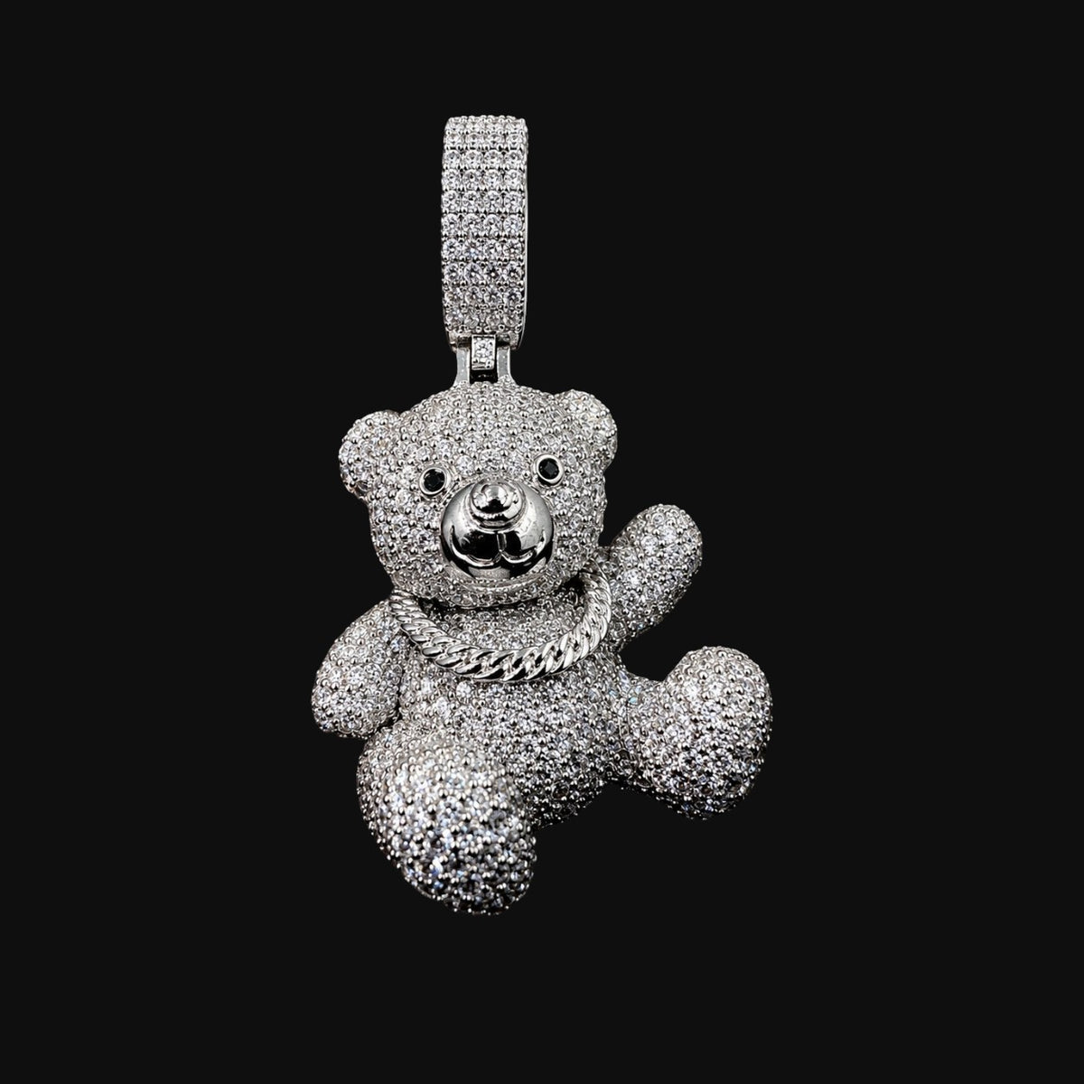 Iced Out Teddy Bear Pendant, Solid 925 Sterling Silver VVS CZ Diamond Necklace, Hip Hop Jewelry, 22 Inch Rope Chain