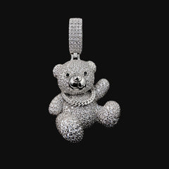Iced Out Teddy Bear Pendant, Solid 925 Sterling Silver VVS CZ Diamond Necklace, Hip Hop Jewelry, 22 Inch Rope Chain