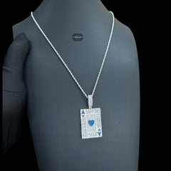 Ace of Hearts Card Pendant | 14K White Gold Plated Blue Heart CZ Playing Card Necklace, Iced Out Hip Hop Pendant with Free Rope Chain