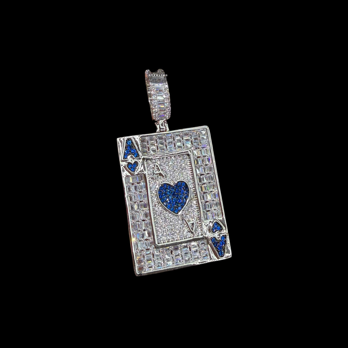 Ace of Hearts Card Pendant | 14K White Gold Plated Blue Heart CZ Playing Card Necklace, Iced Out Hip Hop Pendant with Free Rope Chain