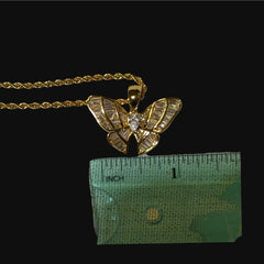 Iced Out Baguette Butterfly Pendant Necklace Gold Silver or Rose Gold, CZ Diamond Butterfly Charm, 14K Plated Hip Hop Jewelry