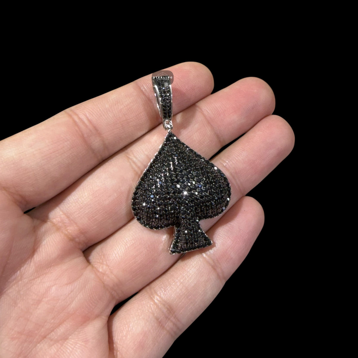 Black Iced Out Spade Pendant | 14K White Gold Plated Poker Ace Spade Necklace, Black CZ Hip Hop Pendant with Free Rope Chain