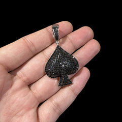 Black Iced Out Spade Pendant | 14K White Gold Plated Poker Ace Spade Necklace, Black CZ Hip Hop Pendant with Free Rope Chain