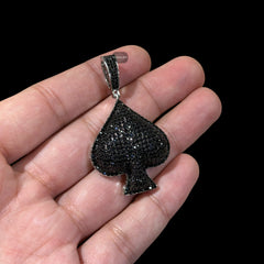 Black Iced Out Spade Pendant | 14K White Gold Plated Poker Ace Spade Necklace, Black CZ Hip Hop Pendant with Free Rope Chain
