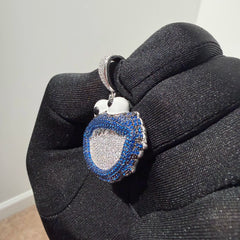 Blue Iced Out Monster Face Pendant, Solid 925 Sterling Silver VVS Simulated CZ Diamond Necklace, Hip Hop Jewelry, 22 Inch Rope Chain