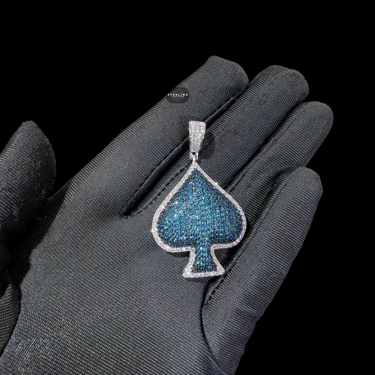 Blue Iced Out Spade Pendant | 14K White Gold Plated Blue CZ Poker Ace Spade Necklace Hip Hop Pendant with Free Rope Chain