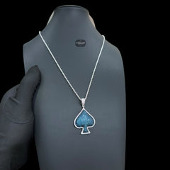 Blue Iced Out Spade Pendant | 14K White Gold Plated Blue CZ Poker Ace Spade Necklace Hip Hop Pendant with Free Rope Chain