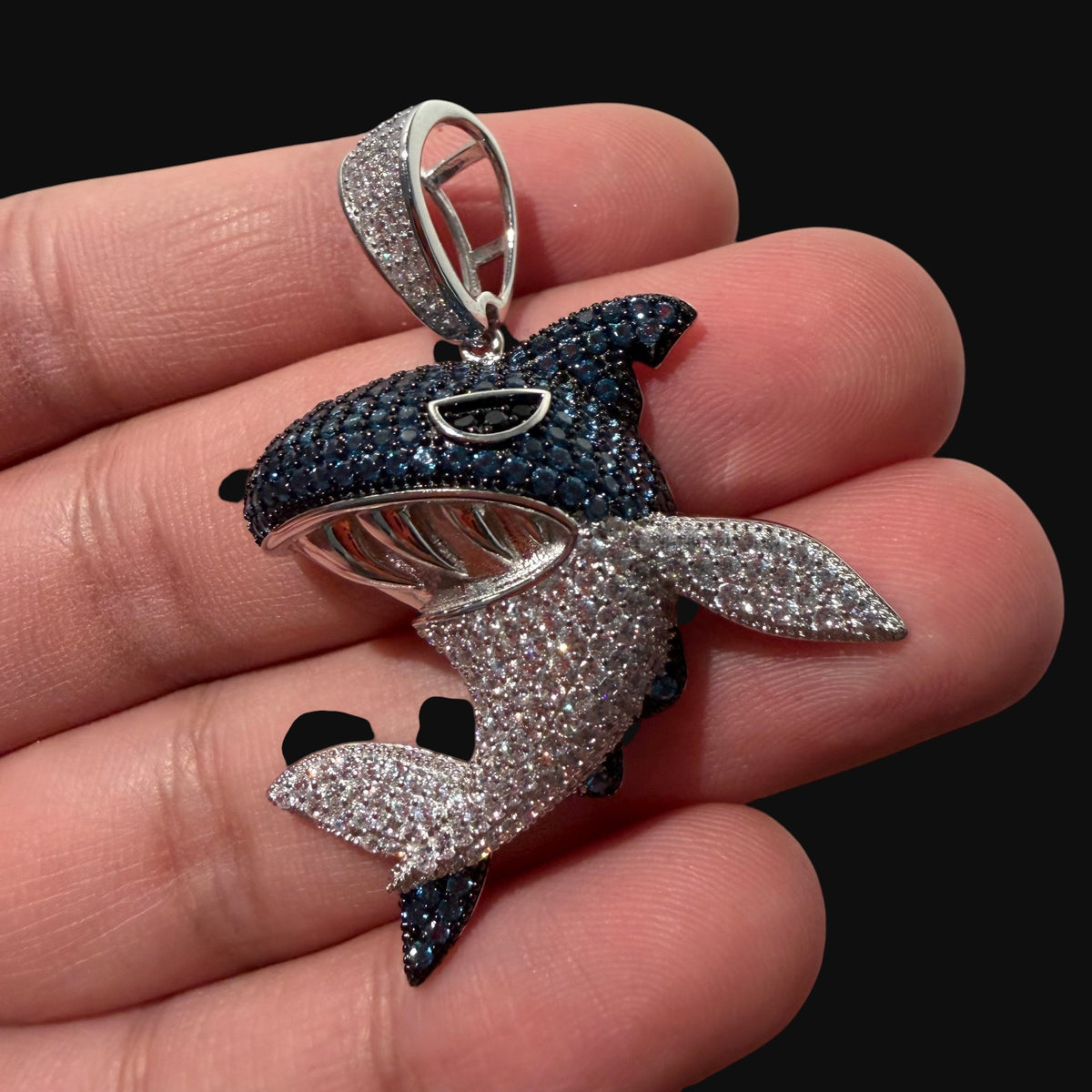 Blue Iced Out Shark Pendant, Solid 925 Sterling Silver VVS Simulated CZ Diamond Necklace, Hip Hop Jewelry, 22 Inch Rope Chain