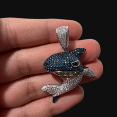 Blue Iced Out Shark Pendant, Solid 925 Sterling Silver VVS Simulated CZ Diamond Necklace, Hip Hop Jewelry, 22 Inch Rope Chain