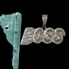 Iced Out BOSS Pendant, 14K White Gold Plated Baguette CZ Boss Necklace for Men, Hip Hop Jewelry with Rope Chain