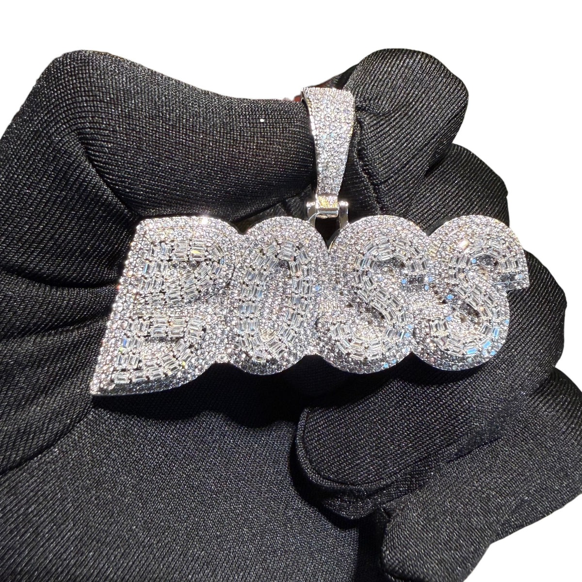Iced Out BOSS Pendant, 14K White Gold Plated Baguette CZ Boss Necklace for Men, Hip Hop Jewelry with Rope Chain