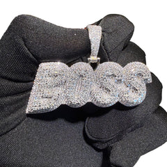 Iced Out BOSS Pendant, 14K White Gold Plated Baguette CZ Boss Necklace for Men, Hip Hop Jewelry with Rope Chain
