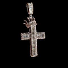 14K White Gold Plated Iced Out Cross Pendant | CZ Baguette Crown Cross Necklace | Hip Hop Faith Jewelry + Free 22" Rope Chain