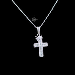 14K White Gold Plated Iced Out Cross Pendant | CZ Baguette Crown Cross Necklace | Hip Hop Faith Jewelry + Free 22" Rope Chain