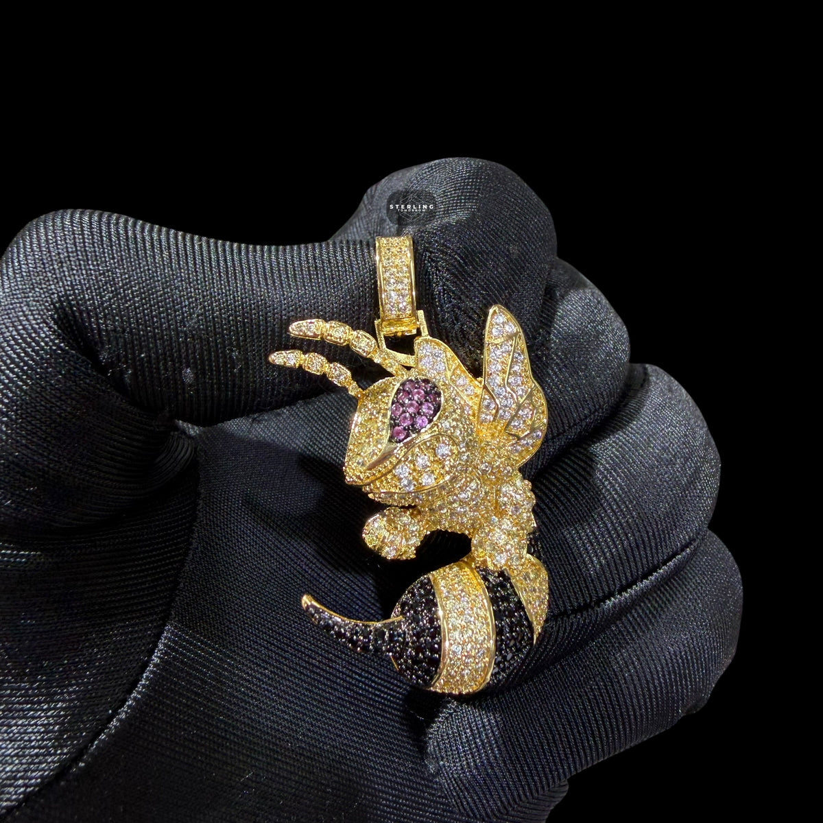 Iced Out Bee Pendant | 14K Gold Plated Bee Necklace, Black & Purple CZ Hip Hop Statement Pendant with Free Rope Chain