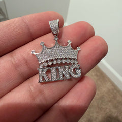 Iced Out King Crown Pendant, Solid 925 Sterling Silver VVS Simulated CZ Diamond Necklace, Hip Hop Jewelry, 22 Inch Rope Chain