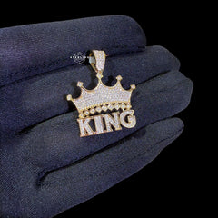 Gold Vermeil Iced Out King Crown Pendant, 925 Sterling Silver