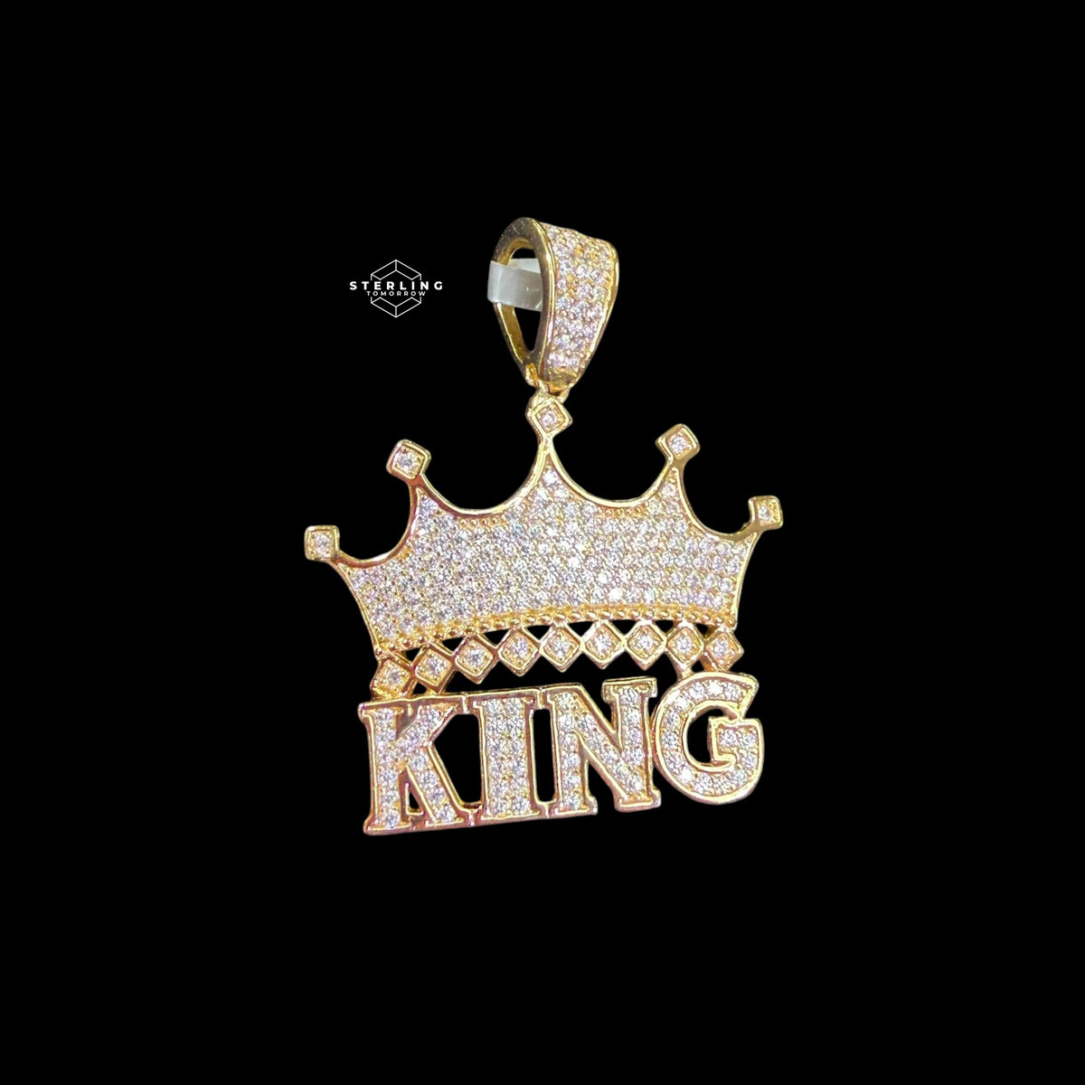 Gold Vermeil Iced Out King Crown Pendant, 925 Sterling Silver