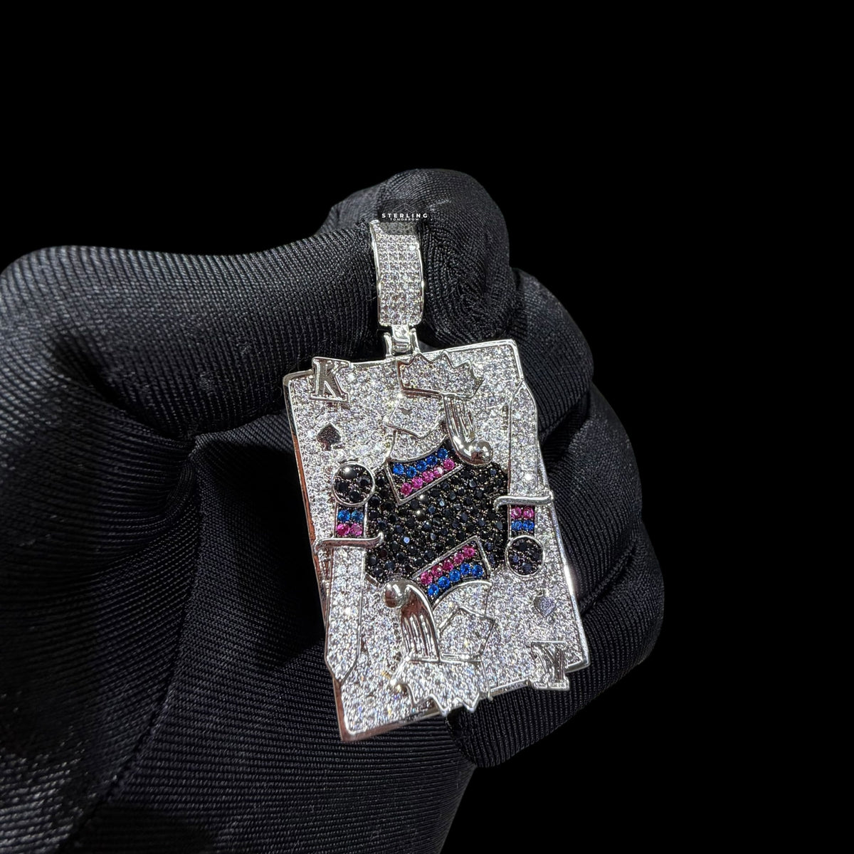 King Playing Card Pendant | 14K White Gold Plated Poker King CZ Hip Hop Necklace, Iced Out Card Pendant with Free Rope Chain