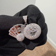 Iced Out Money Face Pendant, Solid 925 Sterling Silver VVS CZ Diamond Cash Fan Necklace, Hip Hop Jewelry, 22 Inch Rope Chain