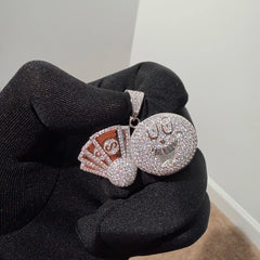 Iced Out Money Face Pendant, Solid 925 Sterling Silver VVS CZ Diamond Cash Fan Necklace, Hip Hop Jewelry, 22 Inch Rope Chain