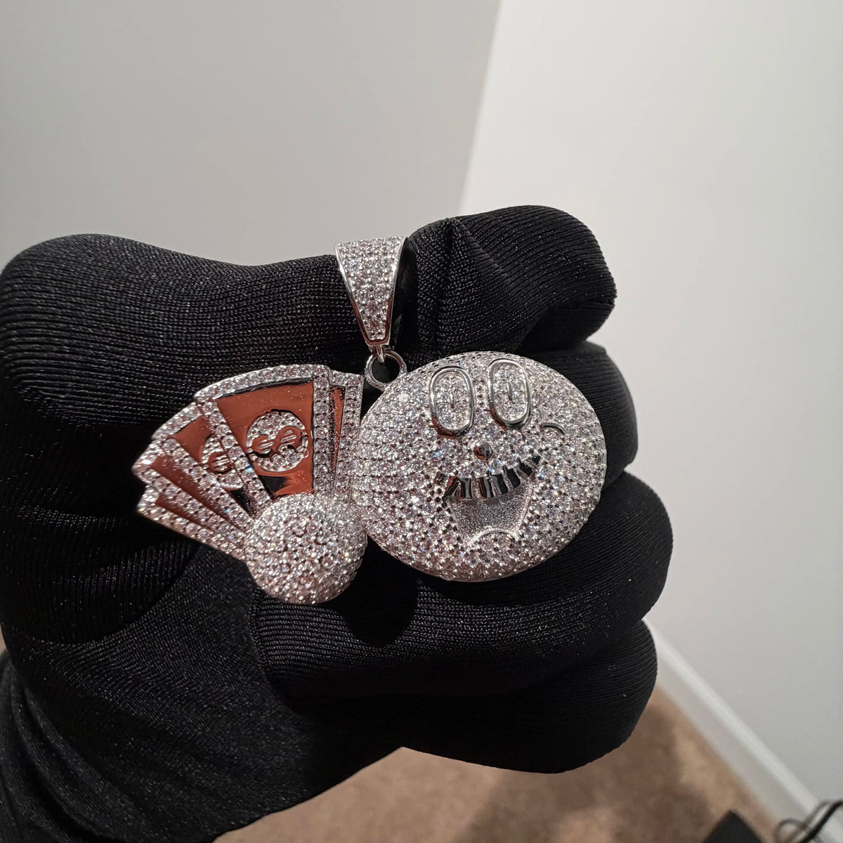 Iced Out Money Face Pendant, Solid 925 Sterling Silver VVS CZ Diamond Cash Fan Necklace, Hip Hop Jewelry, 22 Inch Rope Chain