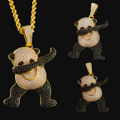 Iced Out Dancing Bear Pendant Necklace, 14K Gold Plated CZ Hip Hop Charm, Streetwear Jewelry, Free AntiTarnish Rope Chain Gift