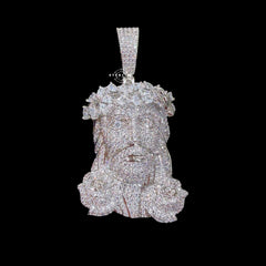 Iced Out Jesus Flower Pendant, 14K White Gold Plated CZ Diamond Jesus Face Necklace