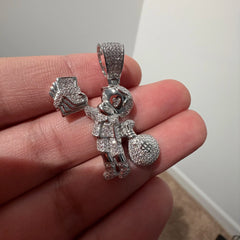 Iced Out Money Man Pendant, Solid 925 Sterling Silver VVS CZ Diamond Cash Bag Necklace, Hip Hop Jewelry, 22 Inch Rope Chain