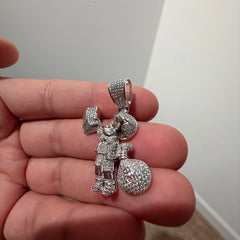 Iced Out Money Man Pendant, Solid 925 Sterling Silver VVS CZ Diamond Cash Bag Necklace, Hip Hop Jewelry, 22 Inch Rope Chain