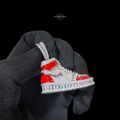 14K White Gold Plated Iced Out Sneaker Pendant | CZ Diamond Red Enamel Shoe Necklace | Hip Hop Streetwea