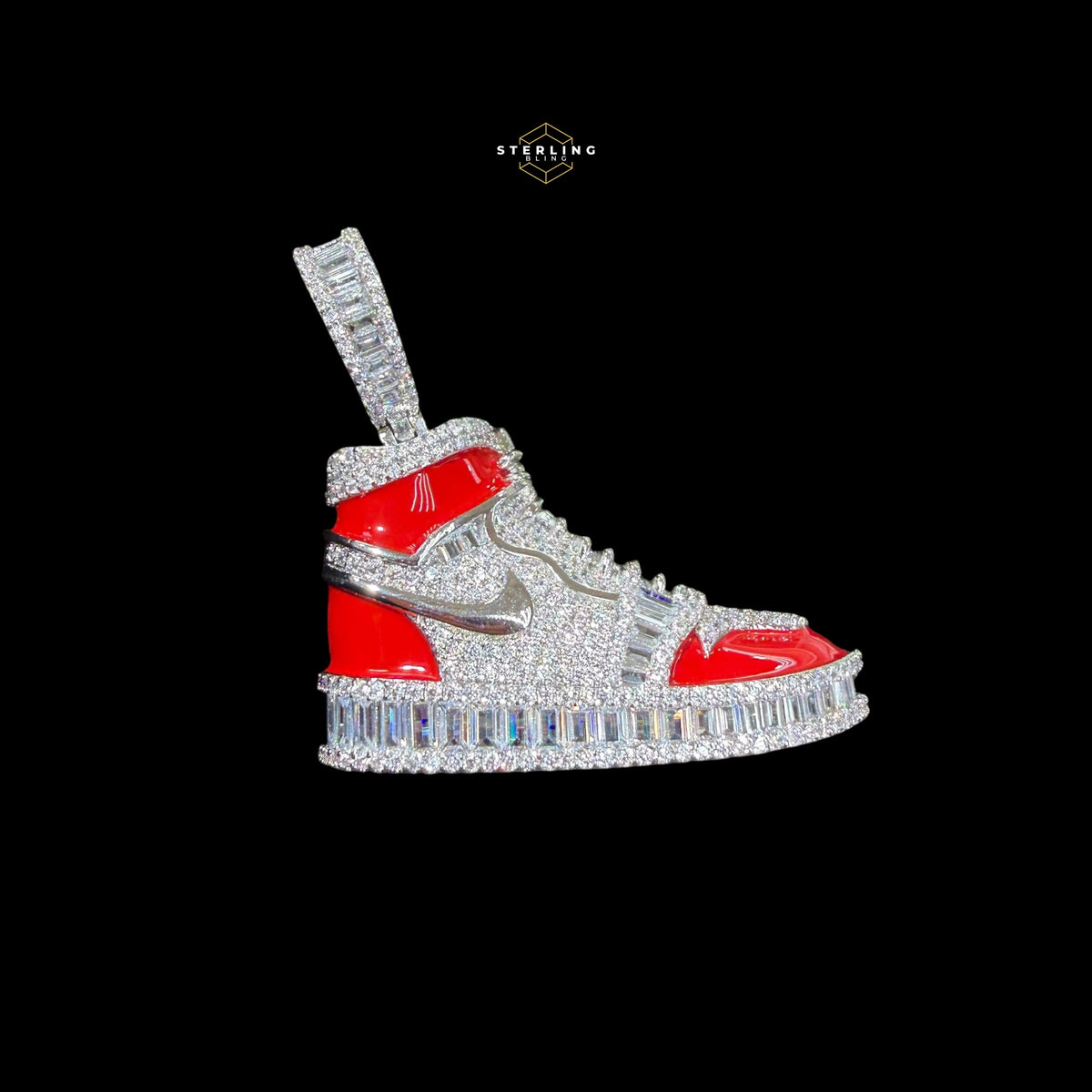 14K White Gold Plated Iced Out Sneaker Pendant | CZ Diamond Red Enamel Shoe Necklace | Hip Hop Streetwea