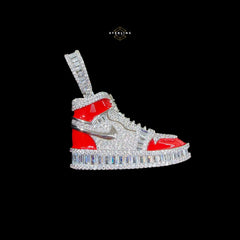 14K White Gold Plated Iced Out Sneaker Pendant | CZ Diamond Red Enamel Shoe Necklace | Hip Hop Streetwea