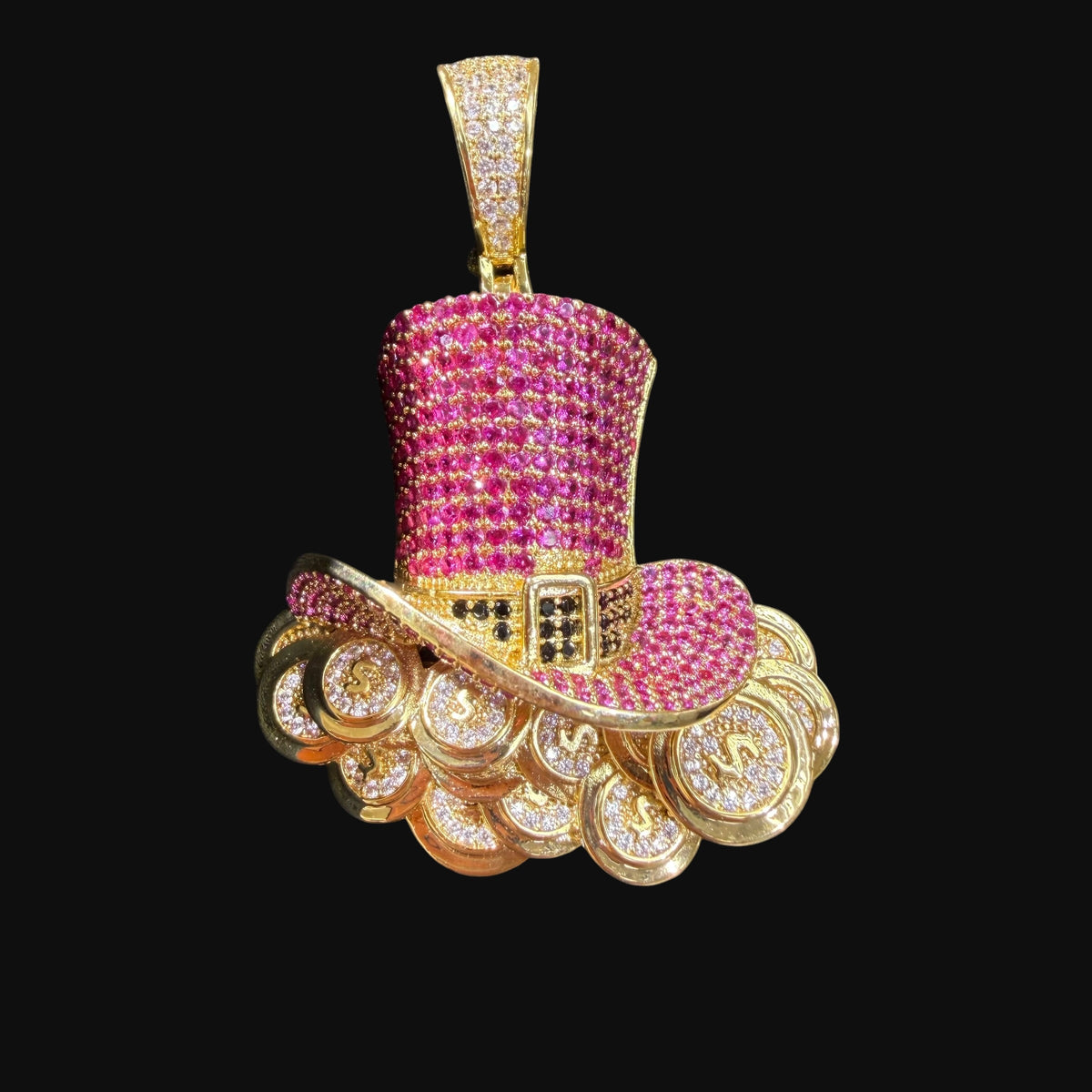 Pink Iced Out Top Hat Money Pendant