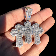 Iced Out Triple Cross Pendant Baguettes