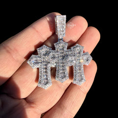 Iced Out Triple Cross Pendant Baguettes