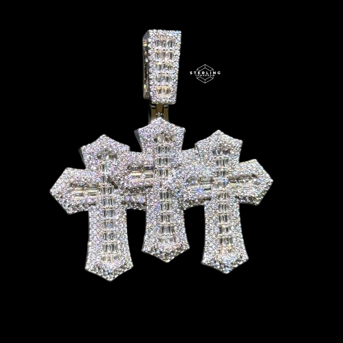 Iced Out Triple Cross Pendant Baguettes